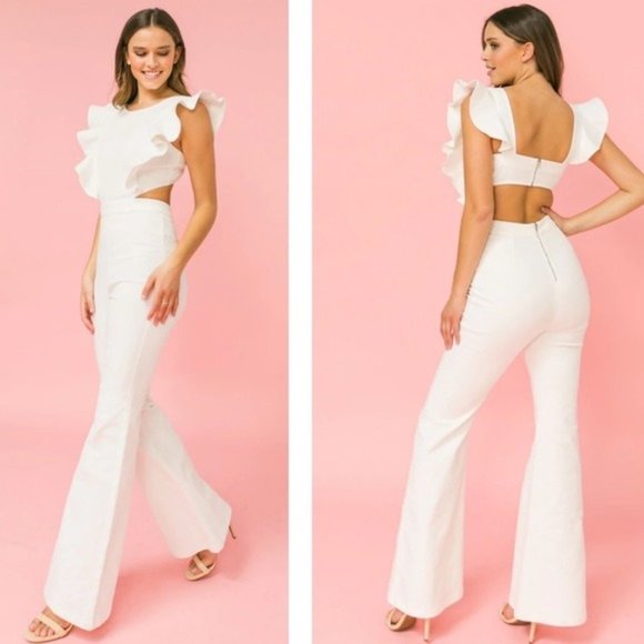 New White Denim Cut Out Jumpsuit Flare Leg Ruffle Sleeve - Picture 2 of 8